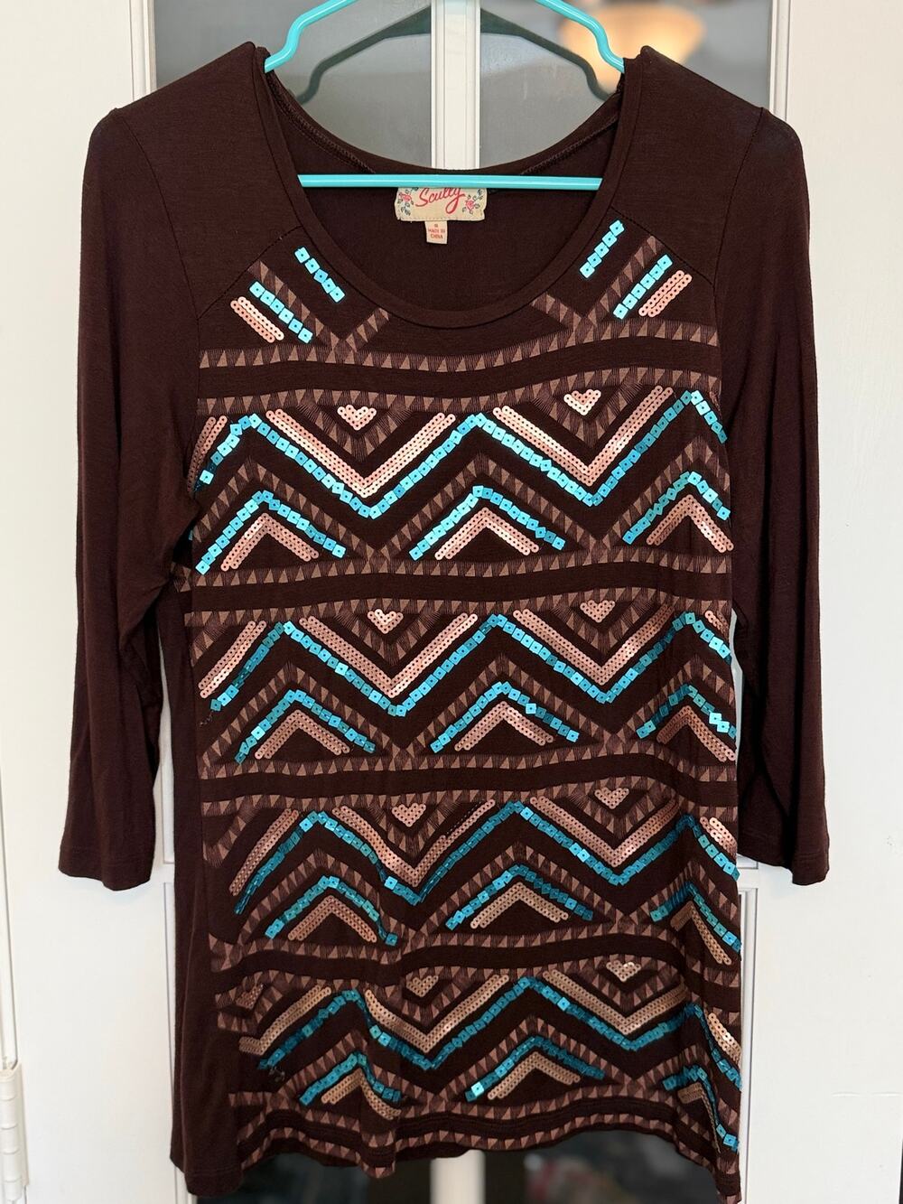 Scully Brown Sequin Embellished Tunic Top Size Small